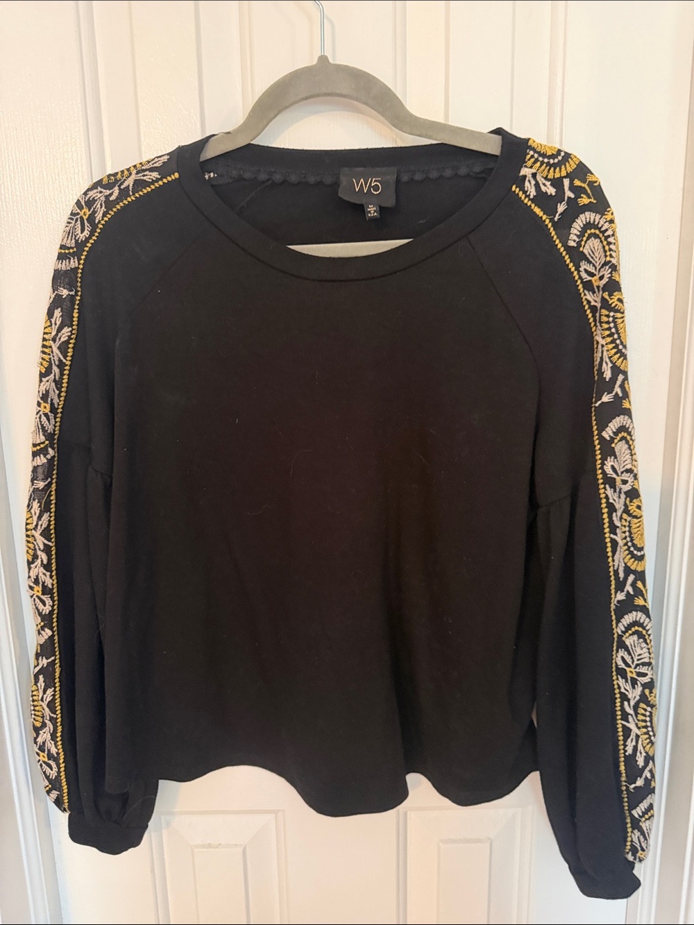 W5 Black Long-Sleeve Sweatshirt with Gold & Cream Embroidered Sleeves